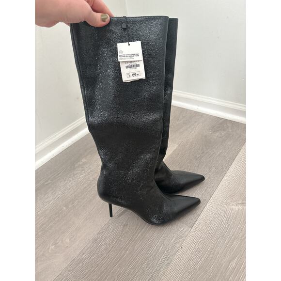 NWT Zara Shiny Black Knee High Kitten Boots Size 7.5 Holiday Party - Picture 5 of 8